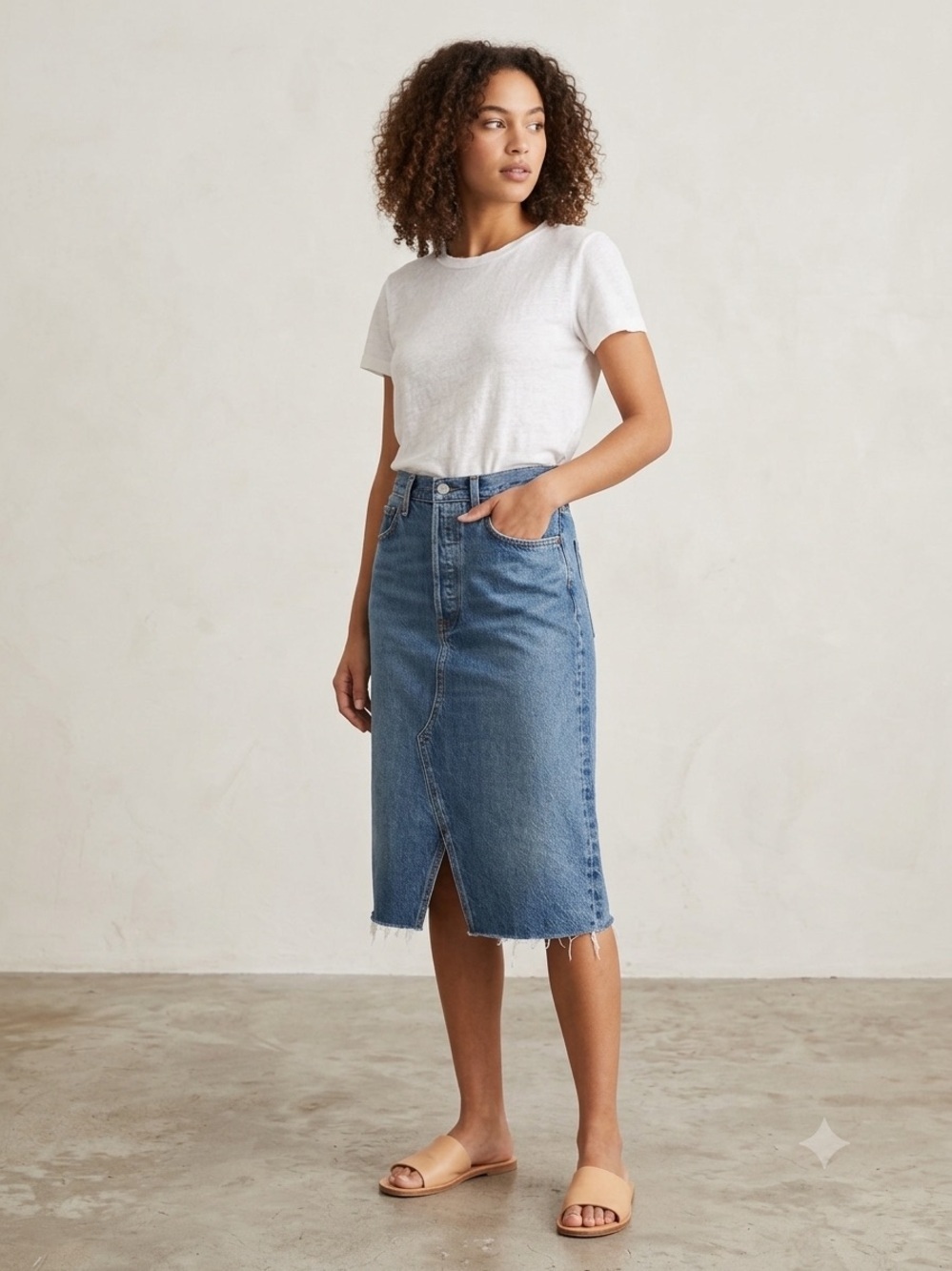 AGOLDE Low Slung Fallon Denim Midi Jean Skirt NWT Raw Hem Front Slit Size 27